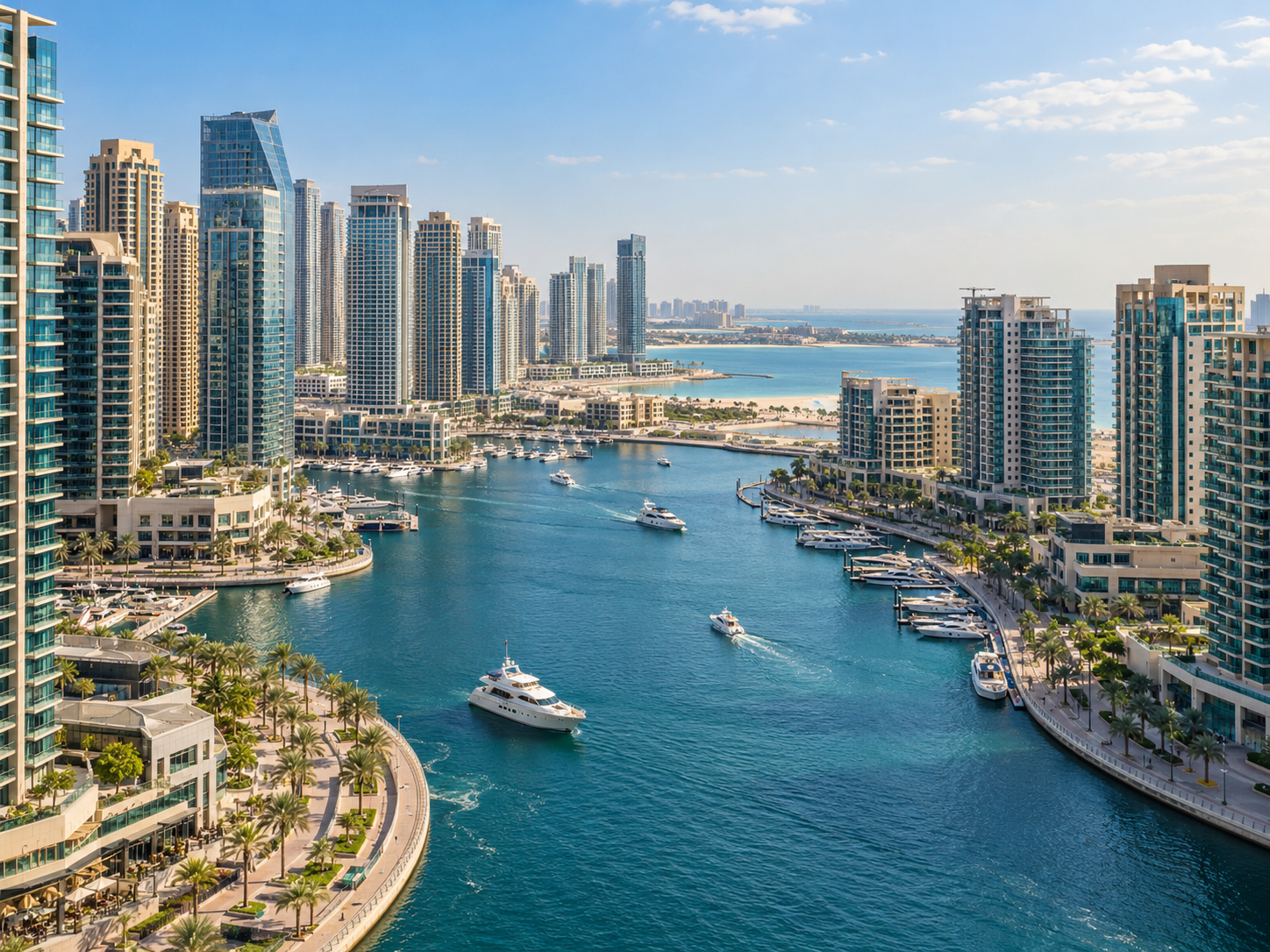 Dubai Marina и JBR с небоскрёбами, яхтами и городской набережной