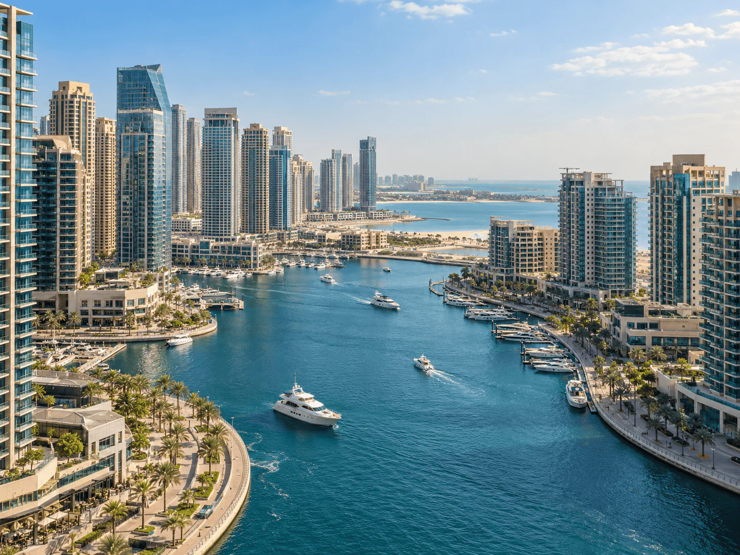 Dubai Marina и JBR с небоскрёбами, яхтами и городской набережной