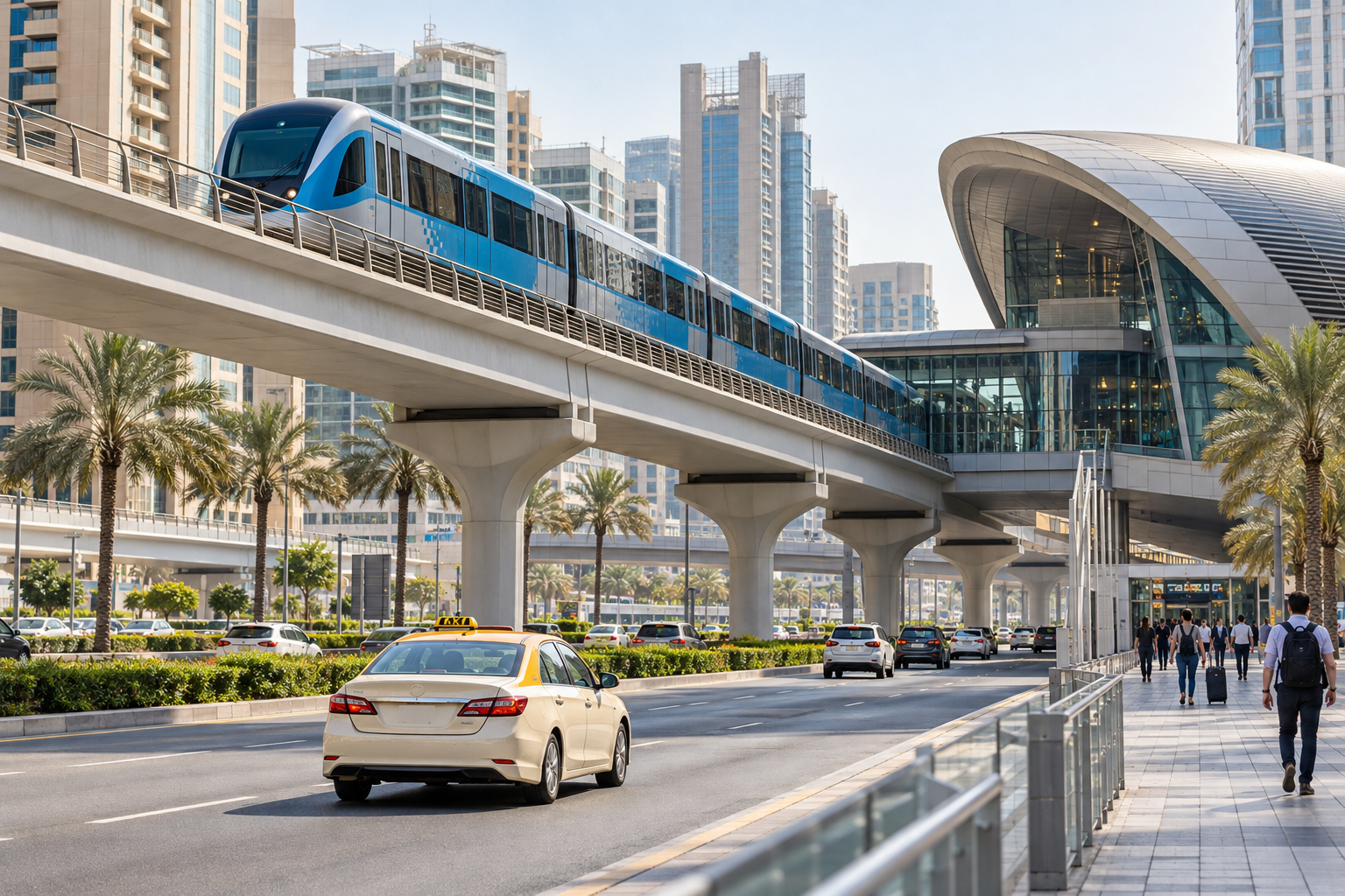 Поезд Dubai Metro и городское такси на современной улице Дубая